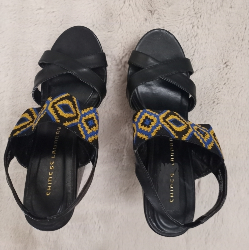 Chinese Laundry Bohemian Batik Print Leather Strappy Slingback Platform Sandal - Picture 6 of 8
